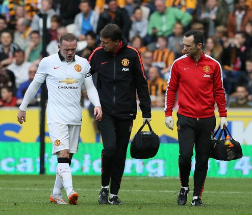 Wayne Rooney of Manchester United ManU walks to the side of the pitch following an injury - Barclays Premier League - Hull City vs Manchester Utd - KC Stadium - Hull - England - 24th May 2015 - Picture Simon Bellis Sportimage EDITORIAL USE ONLY. No use with unauthorised audio, video, data, fixture lists, club league logos or live services. Online in-match use limited to 120 images, no video emulation. No use in betting, games or single club league player publications.
