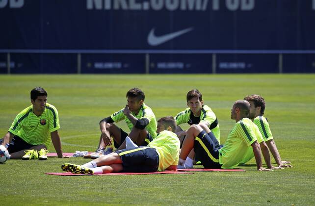 BARCELONA -june 02- SPAIN: Luis Suarez, Neymar Jr. and Leo Messi in the training before the Champions League final between Juventus. 