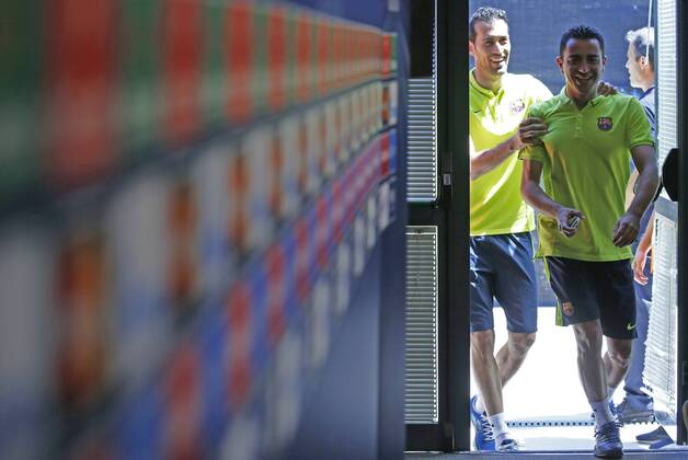 BARCELONA -june 02- SPAIN: Xavi Hernandez and Sergio Busquets in vthecpress conference after the training before the Champions League final between Juventus. 