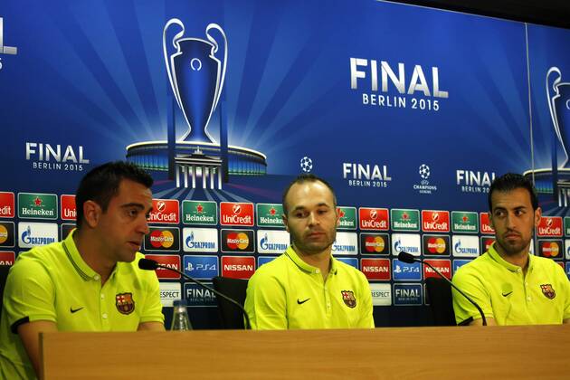 BARCELONA -june 02- SPAIN: Xavi Hernandez, Andres Iniesta and Sergio Busquets in the press conference PK Pressekonferenz after the training before the Champions League final between Juventus. 