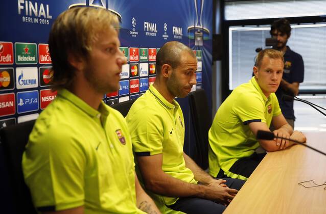 BARCELONA -june 02- SPAIN: Andre Ter Stegen, Javier Mascherano and Ivan Rakitic in the press conference PK Pressekonferenz after the training before the Champions League final between Juventus. 