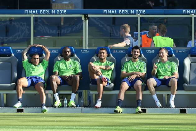 Carlos Tevez of Juventus relaxes in the sun before training - Training - Juventus vs. Barcelona - Champion s League Final - Olympic Stadium - Berlin - Germany - 05 06 2015 Pic Philip Oldham Sportimage EDITORIAL USE ONLY. No use with unauthorised audio, video, data, fixture lists, club league logos or live services. Online in-match use limited to 120 images, no video emulation. No use in betting, games or single club league player publications.
