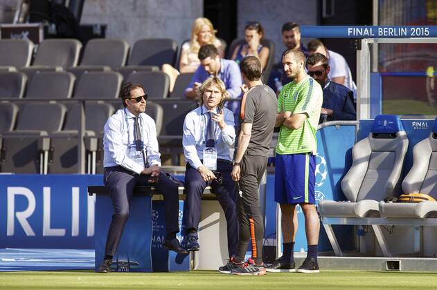 (L-R) sporting director Fabio Paratici of Juventus, board member Pavel Nedved of Juventus, coach Massimiliano Allegri of Juventus FC, Giorgio Chiellini of Juventus FC during the training on June 5, 2015 at the Olympic stadium in Berlin, Germany. Juventus Champions Laegue 2015 2016 xVIxxIVx 3942765