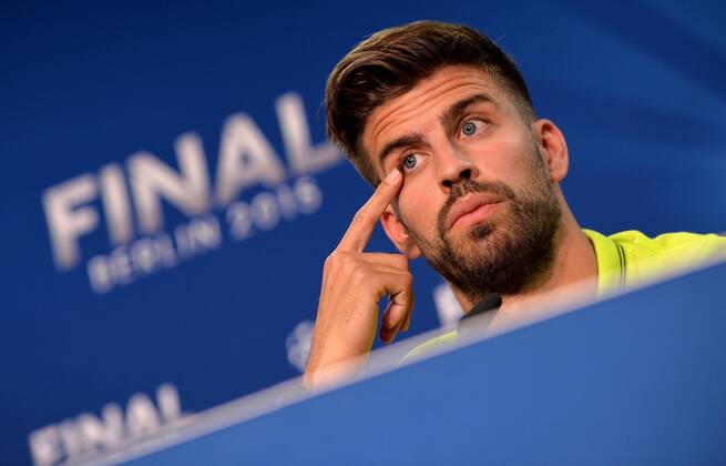 05.06.2015, xfux, Fussball Champions League, Juventus Turin - FC Barcelona Barca Mediaday, v.l. Gerard Pique (FC Barcelona) PK Pressekonferenz Presse Press press conferencene news conference