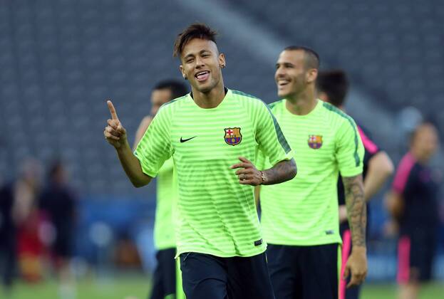 Neymar of Barcelona celebrates scoring - Training - Juventus vs. Barcelona - Champion s League Final - Olympic Stadium - Berlin - Germany - 05 06 2015 Pic Philip Oldham Sportimage EDITORIAL USE ONLY. No use with unauthorised audio, video, data, fixture lists, club league logos or live services. Online in-match use limited to 120 images, no video emulation. No use in betting, games or single club league player publications.