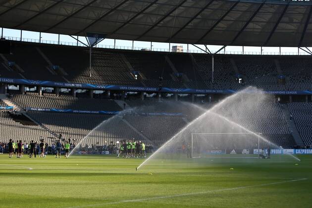 Sprinklers water the pitch during training - Training - Juventus vs. Barcelona - Champion s League Final - Olympic Stadium - Berlin - Germany - 05 06 2015 Pic Philip Oldham Sportimage EDITORIAL USE ONLY. No use with unauthorised audio, video, data, fixture lists, club league logos or live services. Online in-match use limited to 120 images, no video emulation. No use in betting, games or single club league player publications.