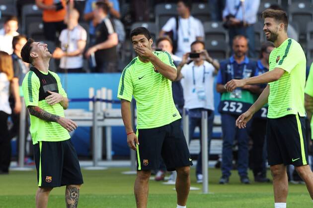 SOCCER - CL, Barcelona vs Turin, preview BERLIN,GERMANY,05.JUN.15 - SOCCER - UEFA Champions League Final, FC Barcelona Barca vs Juventus Turin, preview, final training FC Barcelona. Image shows Lionel Messi, Luis Suarez and Gerard Pique (Barcelona). GEPAxpictures xMathiasxMandl