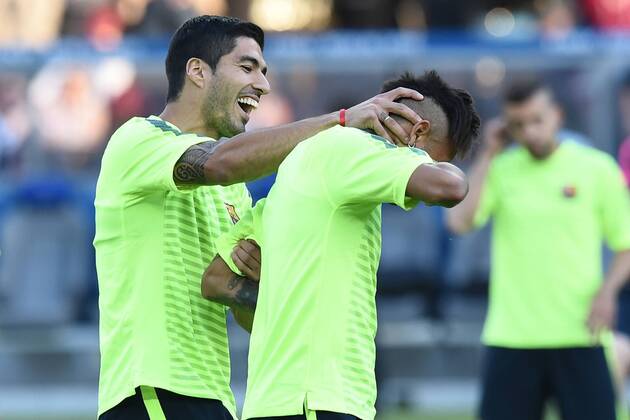 Fußball - Training vom FC Barcelona Barca vor dem UEFA Champions League Finale 2014 2015 Lionel Messi-Luis Suarez 