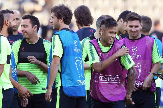 SOCCER - CL, Barcelona vs Turin, preview BERLIN,GERMANY,05.JUN.15 - SOCCER - UEFA Champions League Final, FC Barcelona Barca vs Juventus Turin, preview, final training FC Barcelona. Image shows Xavier Hernandez, Neymar and Lionel Messi (Barcelona). GEPAxpictures xMathiasxMandl