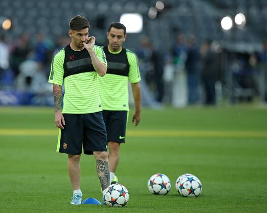 05.06.2015, Fussball Champions League Finale 2014 2015 im Oylmpiastadion Berlin, Abschlusstraining FC Barcelona Barca v.l. Lionel Messi (FC Barcelona) , Xavi (FC Barcelona) 