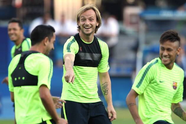 SOCCER - CL, Barcelona vs Turin, preview BERLIN,GERMANY,05.JUN.15 - SOCCER - UEFA Champions League Final, FC Barcelona Barca vs Juventus Turin, preview, final training FC Barcelona. Image shows Xavi Hernandez Ivan Rakitic and Neymar (Barcelona). GEPAxpictures xMathiasxMandl