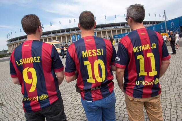 Barcelona fans with Suarez, Messi and Neymar shirts - Juventus Turin vs. FC Barcelona - Champion s League Final - Olympic Stadium - Berlin - Germany - 06 06 2015 Pic Philip Oldham Sportimage EDITORIAL USE ONLY. No use with unauthorised audio, video, data, fixture lists, club league logos or live services. Online in-match use limited to 120 images, no video emulation. No use in betting, games or single club league player publications.