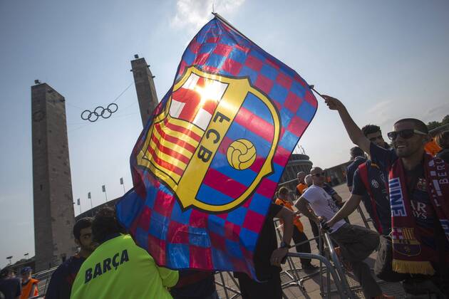 A Barcelona fan flies his flag- Juventus Turin vs. FC Barcelona - Champion s League Final - Olympic Stadium - Berlin - Germany - 06 06 2015 Pic Philip Oldham Sportimage EDITORIAL USE ONLY. No use with unauthorised audio, video, data, fixture lists, club league logos or live services. Online in-match use limited to 120 images, no video emulation. No use in betting, games or single club league player publications.