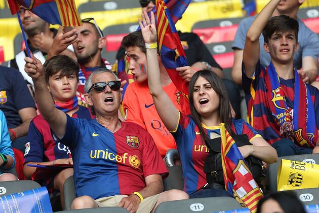 Barcelona fans sing - Juventus Turin vs. FC Barcelona - Champion s League Final - Olympic Stadium - Berlin - Germany - 06 06 2015 Pic Philip Oldham Sportimage EDITORIAL USE ONLY. No use with unauthorised audio, video, data, fixture lists, club league logos or live services. Online in-match use limited to 120 images, no video emulation. No use in betting, games or single club league player publications.