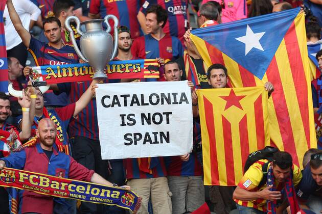 Barcelona fans send out a political message - Juventus Turin vs. FC Barcelona - Champion s League Final - Olympic Stadium - Berlin - Germany - 06 06 2015 Pic Philip Oldham Sportimage EDITORIAL USE ONLY. No use with unauthorised audio, video, data, fixture lists, club league logos or live services. Online in-match use limited to 120 images, no video emulation. No use in betting, games or single club league player publications.