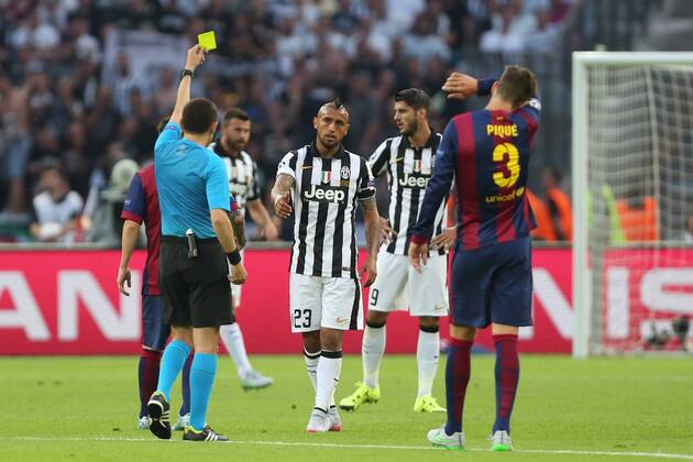 Juventus Arturo Vidal is shown a yellow card - Juventus Turin vs. FC Barcelona - Champion s League Final - Olympic Stadium - Berlin - Germany - 06 06 2015 Pic Philip Oldham Sportimage EDITORIAL USE ONLY. No use with unauthorised audio, video, data, fixture lists, club league logos or live services. Online in-match use limited to 120 images, no video emulation. No use in betting, games or single club league player publications.