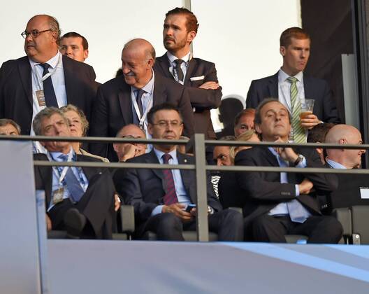06.06.2015, Fussball Champions League Finale 2014 2015 im Olympiastadion Berlin, Juventus Turin - FC Barcelona Barca Michel Platini (re, UEFA-Präsident) auf der TRibüne. 