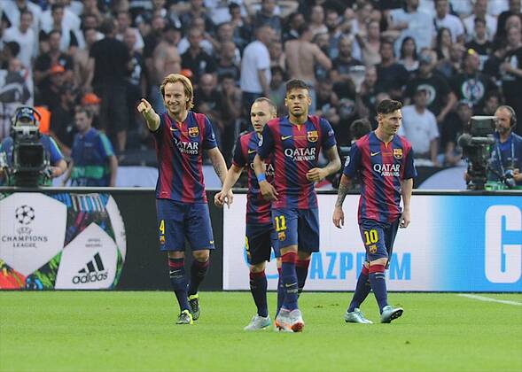 FC Barcelona Barca Midfielder, Ivan Rakitic - RAKITIC, number 4 celebrates after scoring a goal (0,1). FC Barcelona Midfielder, Andres Iniesta Lujan - ANDRES INIESTA, number 8. FC Barcelona Forward, Lionel Andres Messi - MESSI, number 10. FC Barcelona Forward, Neymar Da Silva Santos Junior - NEYMAR, number 11. FC Barcelona Coach, Luis Enrique Martinez Garcia - LUIS ENRIQUE. Round FINAL of the CHAMPIONS league soccer match between Juventus Turin - FC Barcelona at the estadio olimpico de berlin olympischer platz berlin alemania estadium Berlin - Deutschland by June 6 2015. 