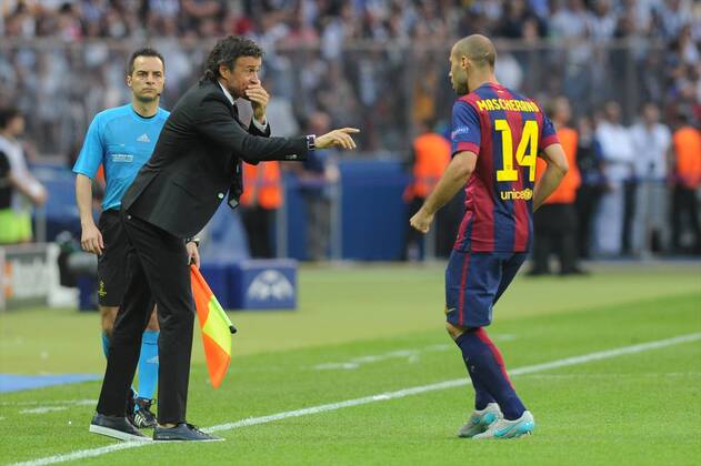 FC Barcelona Barca Defender, Javier Alejandro Mascherano - MASCHERANO, number 14 . FC Barcelona Coach, Luis Enrique Martinez Garcia - LUIS ENRIQUE. Round FINAL of the CHAMPIONS league soccer match between Juventus Turin - FC Barcelona at the estadio olimpico de berlin olympischer platz berlin alemania estadium Berlin - Deutschland by June 6 2015. 