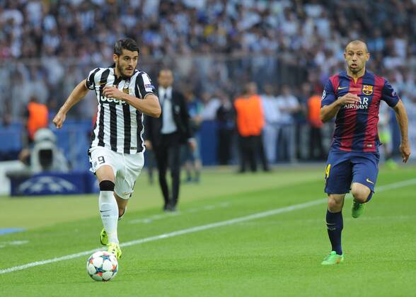 Juventus Forward, Alvaro Morata - MORATA, number 9 . FC Barcelona Barca Defender, Javier Alejandro Mascherano - MASCHERANO, number 14. Round FINAL of the CHAMPIONS league soccer match between Juventus Turin - FC Barcelona at the estadio olimpico de berlin olympischer platz berlin alemania estadium Berlin - Deutschland by June 6 2015. 