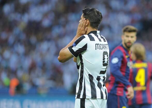 Juventus Forward, Alvaro Morata - MORATA, number 9 . FC Barcelona Barca Defender, Gerard Pique Bernabeu - GERARD PIQUE, number 3. Round FINAL of the CHAMPIONS league soccer match between Juventus Turin - FC Barcelona at the estadio olimpico de berlin olympischer platz berlin alemania estadium Berlin - Deutschland by June 6 2015. 