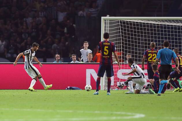 Juventus Alvaro Morata scores to level it at 1-1 - Juventus vs. Barcelona - Champion s League Final - Olympic Stadium - Berlin - Germany - 06 06 2015 Pic Philip Oldham Sportimage EDITORIAL USE ONLY. No use with unauthorised audio, video, data, fixture lists, club league logos or live services. Online in-match use limited to 120 images, no video emulation. No use in betting, games or single club league player publications.