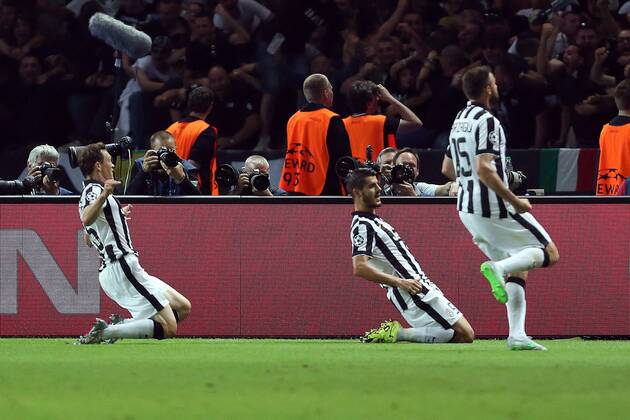Juventus Alvaro Morata celebrates his equalising goal - Juventus vs. Barcelona - Champion s League Final - Olympic Stadium - Berlin - Germany - 06 06 2015 Pic Philip Oldham Sportimage EDITORIAL USE ONLY. No use with unauthorised audio, video, data, fixture lists, club league logos or live services. Online in-match use limited to 120 images, no video emulation. No use in betting, games or single club league player publications.