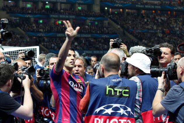 SOCCER - CL, Barcelona vs Juventus BERLIN,GERMANY,06.JUN.15 - SOCCER - UEFA Champions League Final, FC Barcelona Barca vs Juventus Turin. Image shows the rejoicing of Luis Suarez (Barcelona). GEPAxpictures xMathiasxMandl