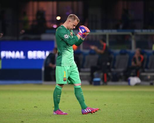 Torwart Marc-Andre ter Stegen FC Barcelona Barca 1) beim Torjubel waehrend des Champions League Finales zwischen Juventus Turin und dem FC Barcelona am 06.06.2015 im Berliner Olympia Stadion ( Copyright: Schülerx xEibner-Pressefoto EP_jse