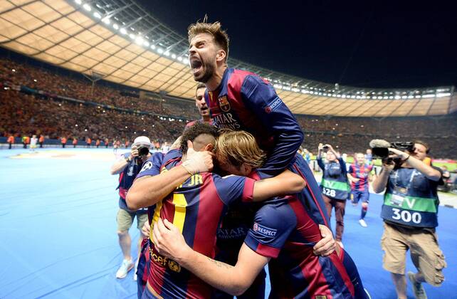 06.06.2015, xjhx, Fussball Champions League, Juventus Turin - FC Barcelona Barca v.l. Luis Suarez (FC Barcelona), Neymar (FC Barcelona), Gerard Pique (FC Barcelona). Ivan Rakitic (FC Barcelona) Torjubel, Goal celebration, celebrate the goal zum 1:2