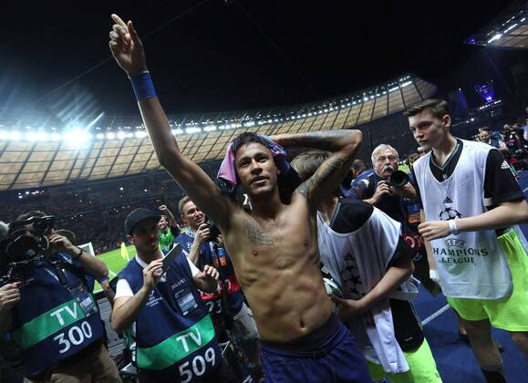 Neymar of Barcelona celebrates victory - Juventus vs. Barcelona - Champion s League Final - Olympic Stadium - Berlin - Germany - 06 06 2015 Pic Philip Oldham Sportimage EDITORIAL USE ONLY. No use with unauthorised audio, video, data, fixture lists, club league logos or live services. Online in-match use limited to 120 images, no video emulation. No use in betting, games or single club league player publications.