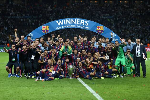 Barcelona celebrate victory - Juventus vs. Barcelona - Champion s League Final - Olympic Stadium - Berlin - Germany - 06 06 2015 Pic Philip Oldham Sportimage EDITORIAL USE ONLY. No use with unauthorised audio, video, data, fixture lists, club league logos or live services. Online in-match use limited to 120 images, no video emulation. No use in betting, games or single club league player publications.