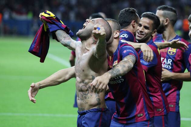 SOCCER - CL, Barcelona vs Juventus BERLIN,GERMANY,06.JUN.15 - SOCCER - UEFA Champions League Final, FC Barcelona Barca vs Juventus Turin. Image shows the rejoicing of Daniel Alves (Barcelona). GEPAxpictures xMathiasxMandl