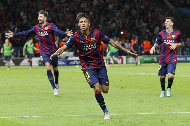 SOCCER - CL, Barcelona vs Juventus BERLIN,GERMANY,06.JUN.15 - SOCCER - UEFA Champions League Final, FC Barcelona Barca vs Juventus Turin. Image shows the rejoicing of Neymar, Gerard Piqueand Lionel Messi (Barcelona). GEPAxpictures xMathiasxMandl