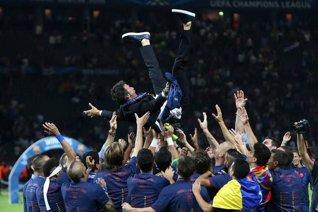 Luis Enrique, manager of Barcelona is thrown in the air in celebration - Juventus vs. Barcelona - Champion s League Final - Olympic Stadium - Berlin - Germany - 06 06 2015 Pic Philip Oldham Sportimage EDITORIAL USE ONLY. No use with unauthorised audio, video, data, fixture lists, club league logos or live services. Online in-match use limited to 120 images, no video emulation. No use in betting, games or single club league player publications.