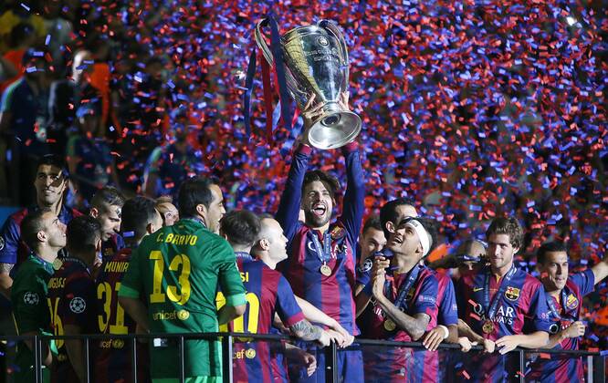 06.06.2015, Fussball Champions League Finale 2014 2015 im Oylmpiastadion Berlin, Juventus Turin - FC Barcelona Barca Sieger Barcelona feiert den Champions League Gewinn 