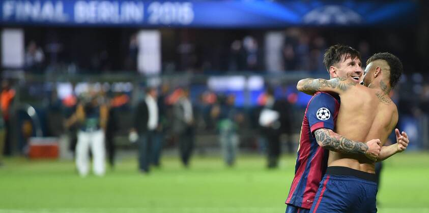 Lionel Andres MESSI (links) und Neymar DA SILVA Santos Junior (beide FCBarcelona) jubeln. FINALE: Juventus Turin - FC Barcelona Barca am 06.06.2015. Fussball international Saison 2014 2015, UEFA Championsleague Finale 2015 im Olympiastadion in Berlin, Deutschland,