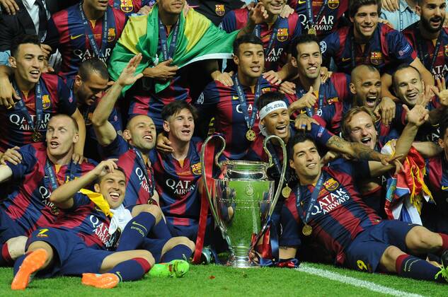 June 5, 2015 - Berlin, Germany - Barcelona players including Javier Mascherano, Lionel Messi, Neymar and Luis Suarez celebrate victory with the trophy after the UEFA Champions League Final between Juventus and FC Barcelona Barca at Olympiastadion on June 6, 2015 in Berlin, Germany. Soccer,Final Champions League: Juventus vs Barcellona  - ZUMAn230