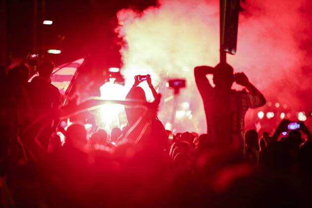 June 6, 2015 - Barcelona, Catalonia, Spain - Thousands of Barcelona fans culers celebrating at the Canaletas fountain the fifth Champions League win of the FC Barcelona Barca after beating Juventus Turin 3-1 in the Final. (Photo: Xavi Bonilla Cordon Press) 