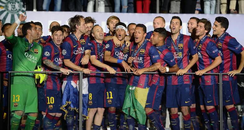 06.06.2015, xjhx, Fussball Champions League, Juventus Turin - FC Barcelona Barca v.l. Players of FC Barcelona Spieler vom FC Barcelona jubeln jubelt nach Spielende.