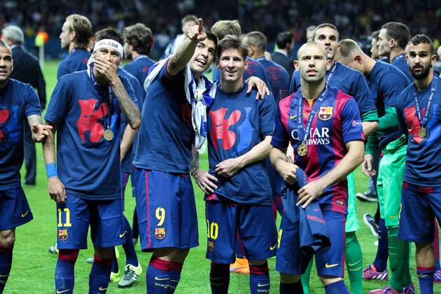 l-r: Schlusjubel, Neymar 11 FC Barcelona Barca , Luis Suarez 9 (FC Barcelona), Lionel Messi 10 (FC Barcelona) und Javier Mascherano 14 (FC Barcelona) , Juventus Turin vs. FC Barcelona, Fussball, Champions League, Finale, 06.06.2015 , Copyright: Kolbert Eibner-Pressefoto EP_CKT