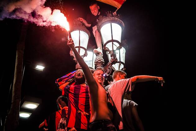 June 6, 2015 - Barcelona, Catalonia, Spain - Fans of the FC Barcelona Barca set off red flares on the Canaletas fountain as they celebrate the fifth Champions League win of the FC Barcelona after beating Juventus Turin 3:1 in the Final. Cules celebrate as Barcelona wins fifth Champions League title - ZUMAo105