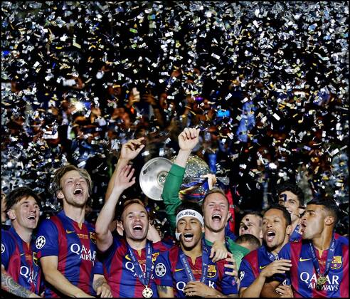 (L-R) Lionel Messi, Ivan Raketic, Andres Iniesta, Neymar, Marc-Andre ter Stegen of Barcelona celebrating winning the Champions League final during the UEFA Champions League final match between FC Barcelona (Barca) and Juventus Turin on June 6, 2015 at the Olympic stadium in Berlin, Germany. FC Barcelona (Barca) v Juventus Turin - Champions League final 2014 2015 xVIxxIVx 3950635