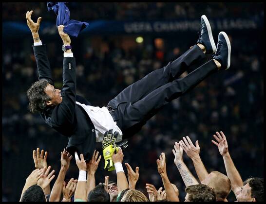 Barcelona coach Luis Enrique celebrating the champions League final victory during the UEFA Champions League final match between FC Barcelona (Barca) and Juventus Turin on June 6, 2015 at the Olympic stadium in Berlin, Germany. FC Barcelona (Barca) v Juventus Turin - Champions League final 2014 2015 xVIxxIVx 3950639