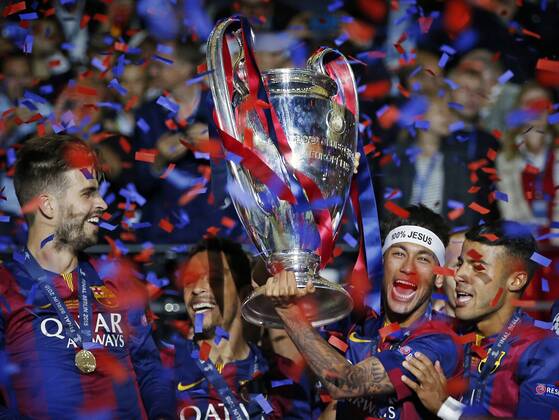 (L-R) Gerard Pique, Neymar of FC Barcelona Barca with the Cup during the UEFA Champions League final match between Barcelona and Juventus on June 6, 2015 at the Olympic stadium in Berlin, Germany. Barcelona v Juventus Champions League final 2014 2015 xVIxxIVx 3950656