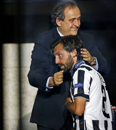 (L-R) Michel Platini, Andrea Pirlo of Juventus during the UEFA Champions League final match between FC Barcelona (Barca) and Juventus Turin on June 6, 2015 at the Olympic stadium in Berlin, Germany. FC Barcelona (Barca) v Juventus Turin - Champions League final 2014 2015 xVIxxIVx 3950660