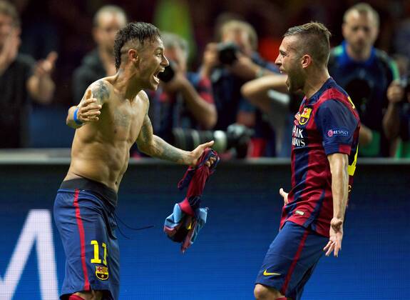 Fussball Berlin Olympiastadion 06.06.2015 UEFA CHAMPIONS LEAGUE FINALE Juventus Turin ITA geg FC Barcelona Barca ESP 1 : 3 FC Barcelona CHAMPIONS LEAGUE Gewinner 2015 vlnr NEYMAR da Silva Santos Junior Barca 11 mit JORDI ALBA Ramos Barca18