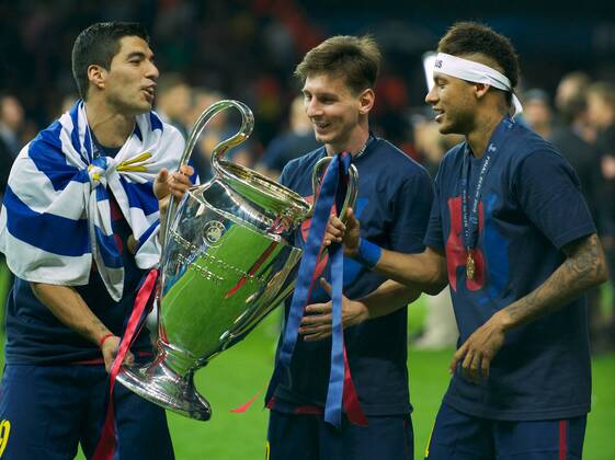 Aktuell Fußball, FC Barcelona gewinnt die Champions League Fussball Berlin Olympiastadion 06.06.2015 UEFA CHAMPIONS LEAGUE FINALE Juventus Turin ITA geg FC Barcelona Barca ESP 1 : 3 FC Barcelona CHAMPIONS LEAGUE Gewinner 2015 vlnr Luis Alberto SUAREZ Diaz Barca 09 Lionel Andres MESSI Barca 10 NEYMAR da Silva Santos Junior Barca 11