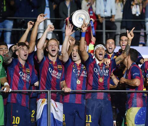 Aktuell Fußball, FC Barcelona gewinnt die Champions League FUSSBALL CHAMPIONS LEAGUE FINALE SAISON 2014 2015 06.06.2015 Juventus Turin - FC Barcelona Barca TEAMJUBELJUBEL CHL Sieger 2015 FC Barcelona: Lionel Messi, Ivan Rakitic, Andres Iniesta, Neymar, Jordi Alba, Marc Bartra und Adriano (v.li.) 