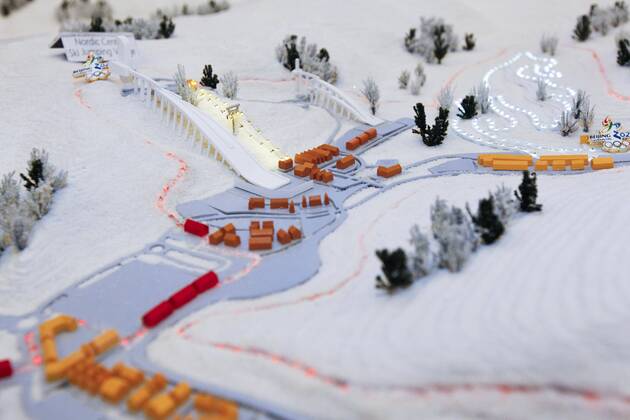(150610) -- LAUSANNE, June 10, 2015 -- This photo shows a sandbox model at the expo of Beijing Candidate City s bid for the 2022 Winter Olympic Games Olympische Spiele Olympia OS at the Palace hotel in Lausanne, Switzerland, on June 10, 2015. ) (SP)SWITZERLAND-LAUSANNE-2022 WINTER OLYMPICS-EXPO ZhouxLei 